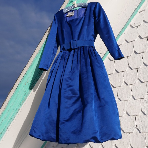 Vintage Dresses & Skirts - AMAZING 90s William Pearson‎ cobalt blue satin bubble hem cocktail dress